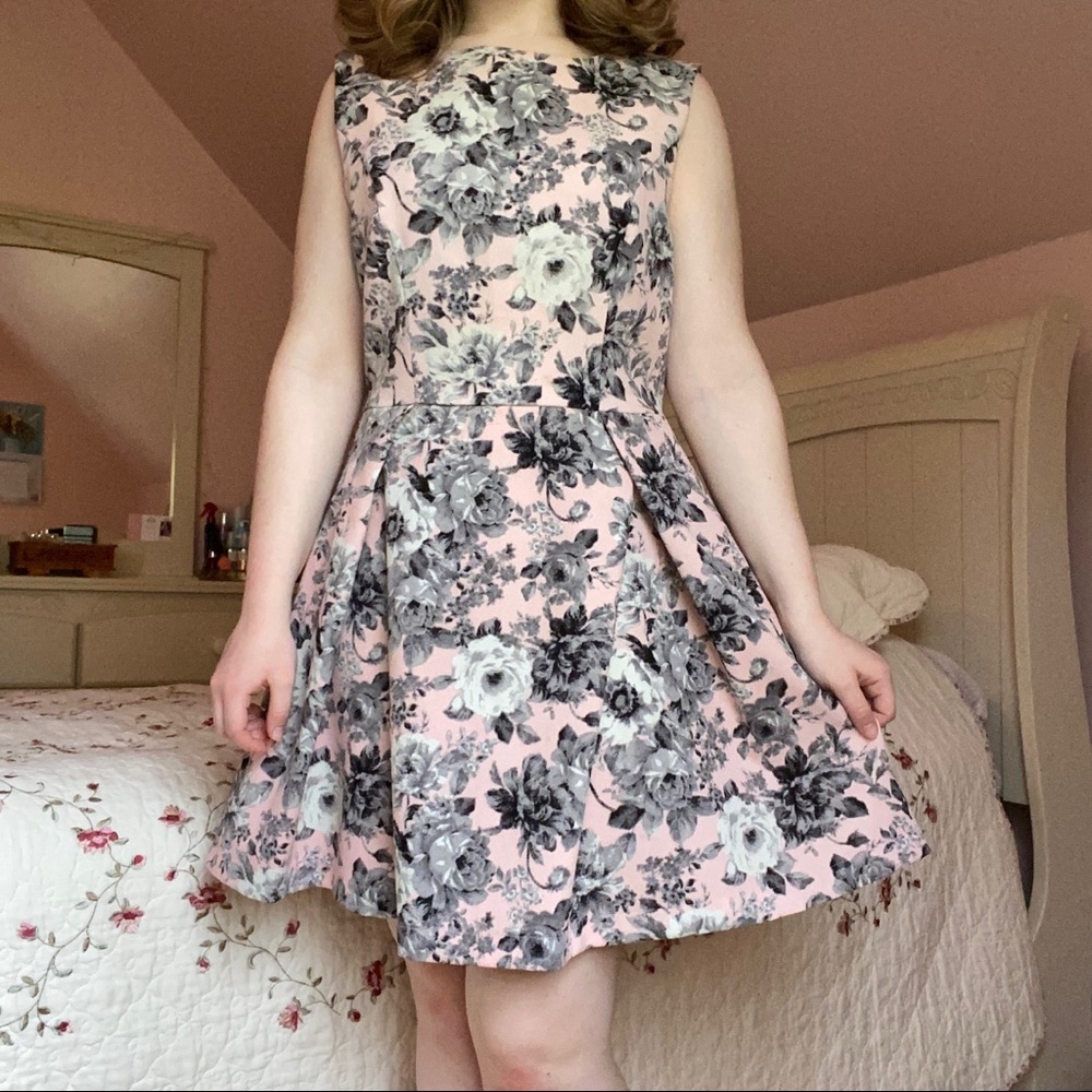 Forever 21 Pink and Gray Floral Skater Dress
